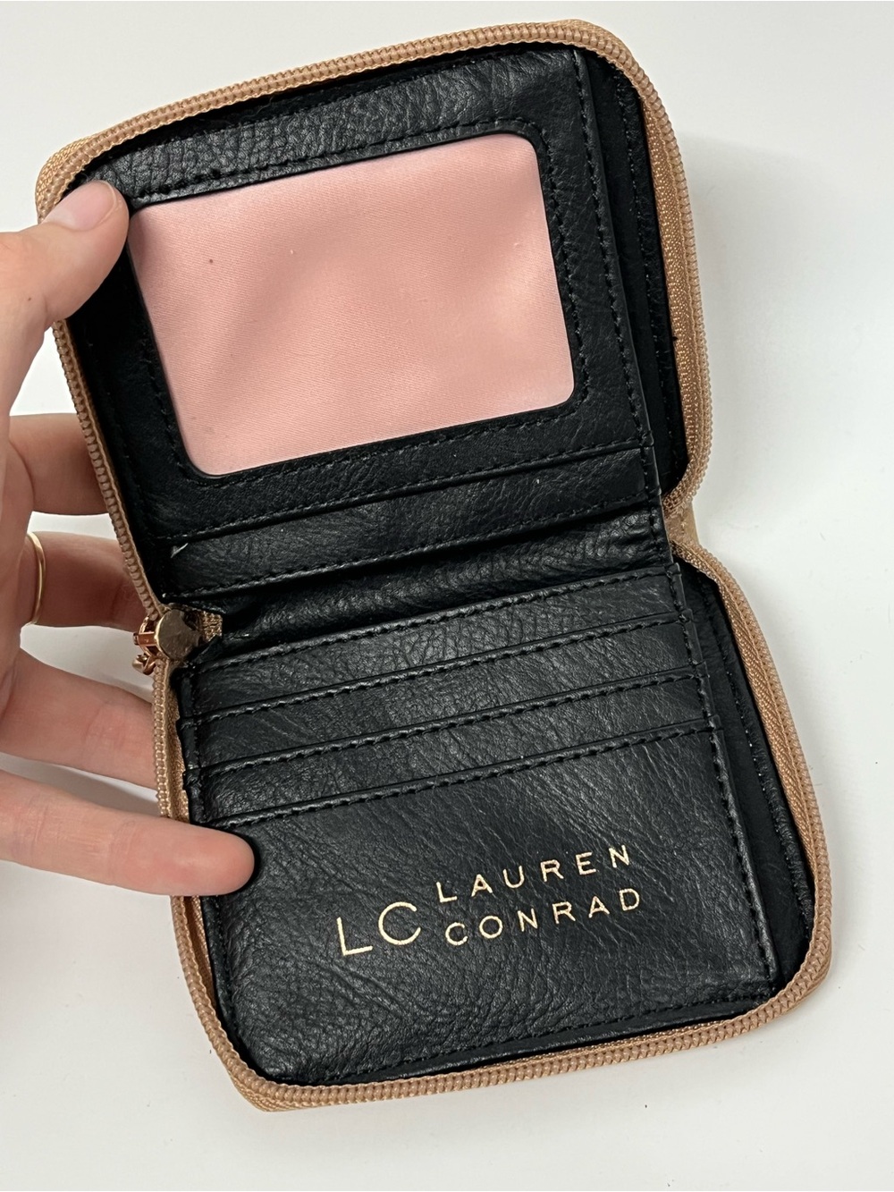 LC Lauren Conrad Black Card Wallet with Tan Trim and Pink ID Window